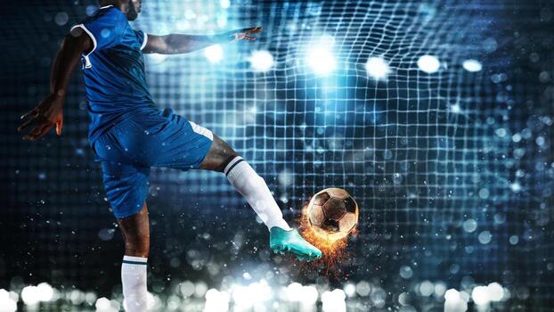 football-scene-at-night-match-with-player-kicking-the-ball-with-power-photo